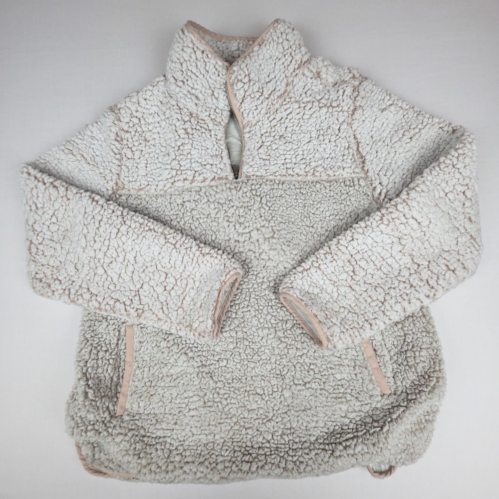 Thread & Supply Sherpa Pullover Sweater Women Large Cream Tan Fleece Polyester